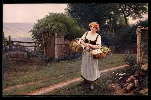 Künstler-AK sign. C. Bellanger: Land-Mädchen mit Hühnern und Eiern in einem Korb