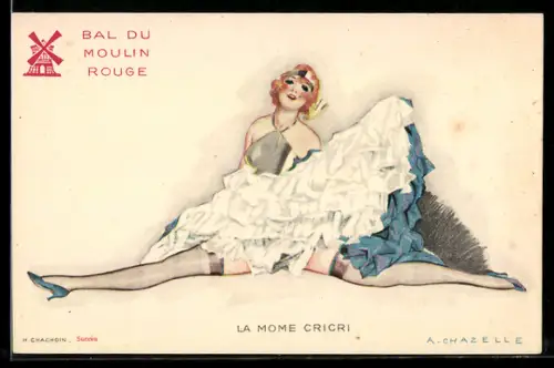 Künstler-AK sign. A. Chazelle: Schöne Frau in halterlosen Strümpfen beim Spagat