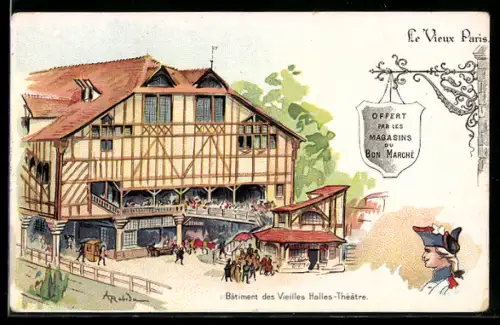 Lithographie Paris, Exposition universelle de 1900, Batiment des Vieilles Halles-Theatre