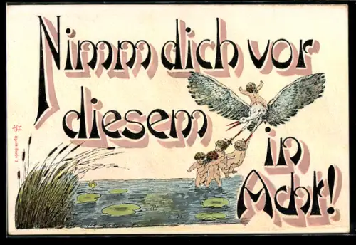 AK Kleine nackte Kinder streiten sich darum, wer als nächstes mit dem Storch zu einer Familie gebracht werden darf