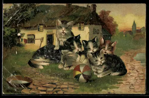 AK Kattzenkinder mit Ball im Garten