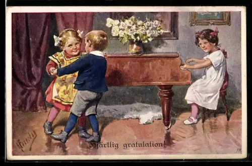 Künstler-AK Karl Feiertag: Schulter-an-Schulter Polka, tanzende Kinder