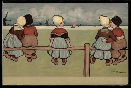 Künstler-AK Ethel Parkinson: Kinder in holländischer Tracht auf einem Zaun, zwei schmusende Pärchen u. ein Mädchen