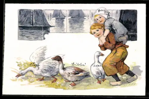 AK Niederländische Kinder hüten Gänse