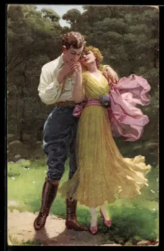 AK In Liebe vereint, Liebespaar geht im Park spazieren