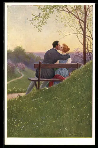 Künstler-AK C.Benesch: Frühling, Paar auf einer Parkbank