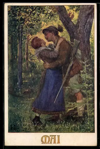 Künstler-AK Karl Friedrich Gsur, Deutscher Schulverein Nr. 1275: Mai, Verliebtes Paar beim Kusse