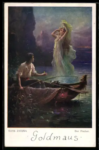 Künstler-AK Hans Zatzka: Fischer sieht leicht bekleidete Nixe