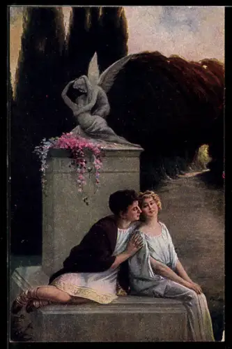 Künstler-AK Kroy: Liebesglück, Liebespaar sitzt vor der Statue