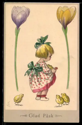 Künstler-AK Liesel Lauterborn: Mädchen mit Osterküken, Tulpen