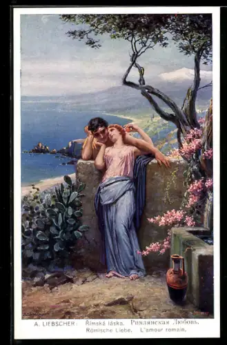 Künstler-AK Adolf Liebscher: Zu Caesars Zeiten, Liebespaar an einer Mauer