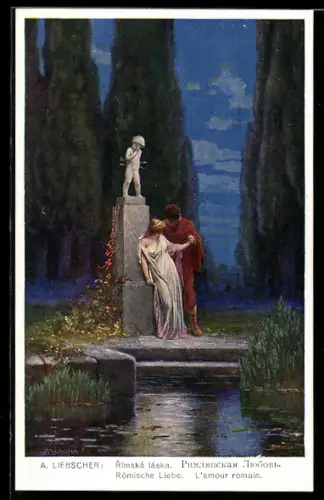 Künstler-AK Adolf Liebscher: Im alten Rom, Zwei Verliebte unter einer Amor-Statur