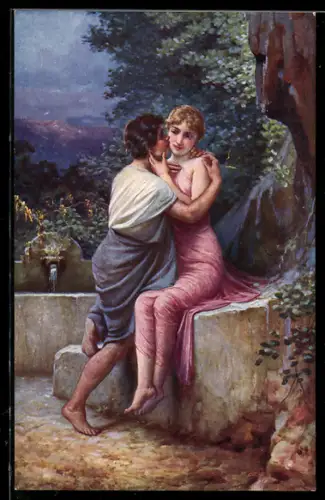 Künstler-AK Adolf Liebscher: Der Liebesschwur, Innige Umarmung zweier Verliebten in der Dämmerung