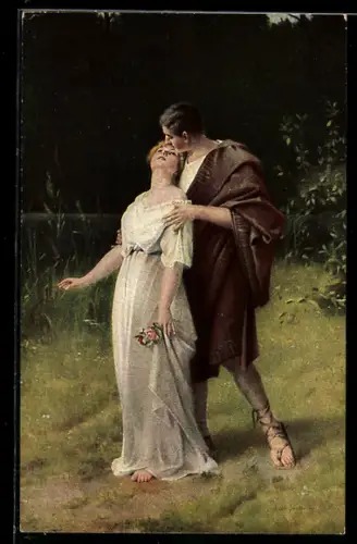 Künstler-AK G. Schrödter: Der erste Kuss, Mann steht hinter der Frau und nähert sich ihr zum Kuss, Liebespaar