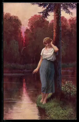 Künstler-AK Adolf Liebscher: Verlassen, Junge Frau im Kleid steht traurigen Blickes am Flussufer bei Sonnenuntergang