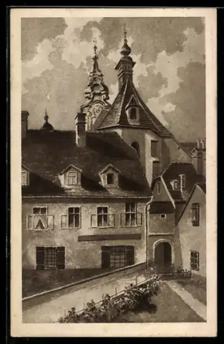 Künstler-AK Graz, Messnergasse mit Stadtpfarrkirche