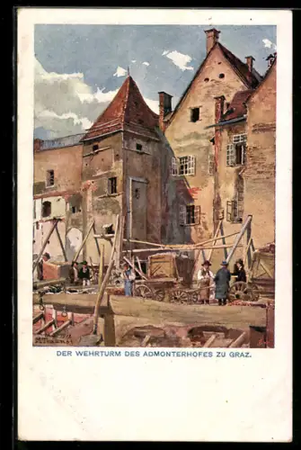 Künstler-AK Graz, Partie am Wehrturm des Admonterhofes