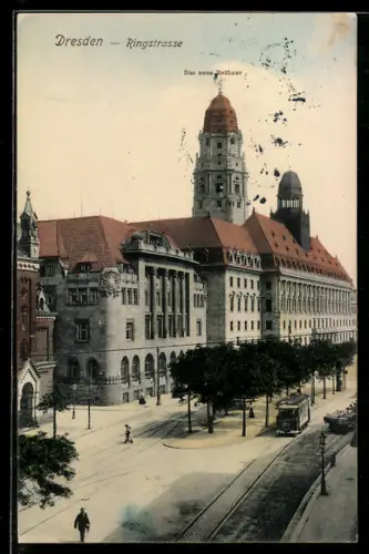 AK Dresden, Ringstrasse mit dem neuen Rathaus