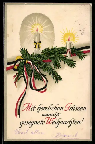 AK Gesegnete Weihnachtstage, Tannenzweig mit Kerzen und Reichsfahnenband