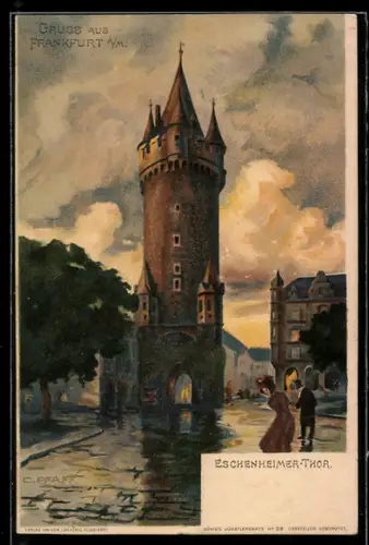 Künstler-Lithographie C. Pfaff: Frankfurt /Main, Eschenheimer-Tor mit Leuten