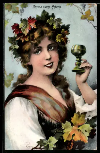 AK Ahrtal, Frau mit Glas und Weinblättern