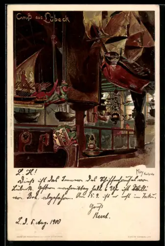 Künstler-AK Heinrich Kley: Lübeck, Innenansicht des Schifferhauses