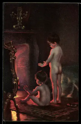 Künstler-AK Stengel & Co. Nr. 29163: after the Bath, nackte Kinder vorm Kamin