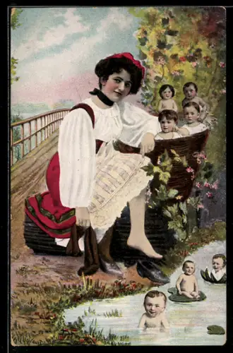 AK Kindermädchen mit Babys im Korb und auf Seerosenblättern - Fotomontage