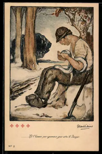 Künstler-AK französischer Forstarbeiter kümmert sich um eine verletzte Schlange, Rotes Kreuz