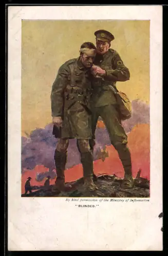 Künstler-AK Soldat führt einen erblindeten Kamerad vom Schlachtfeld