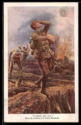 Künstler-AK britischer Soldat erblindet durch eine einschlagende Bombe auf dem Kriegsfeld