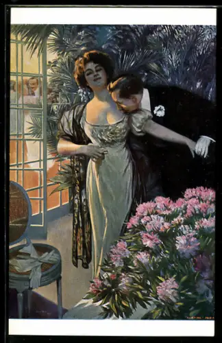 Künstler-AK sign. Lapina: Mann umwirbt eine Frau, beide in Abendgarderobe