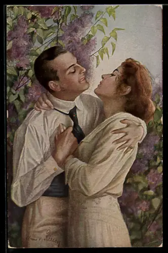 Künstler-AK Arno von Riesen: Im Frühling des Lebens, Liebespaar vor blühendem Flieder