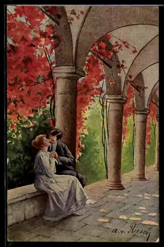 Künstler-AK Arno von Riesen: Liebespärchen in einem Säulengang