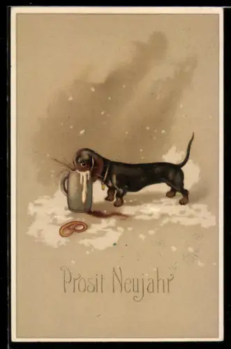 AK Dackel trinkt aus einem Bierkrug, Neujahrsgruss