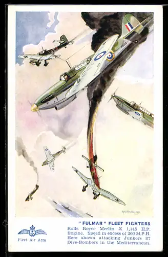 Künstler-AK Kampfflugzeuge vom Typ Fairey Fulmar und abgeschossene feindliche Maschine