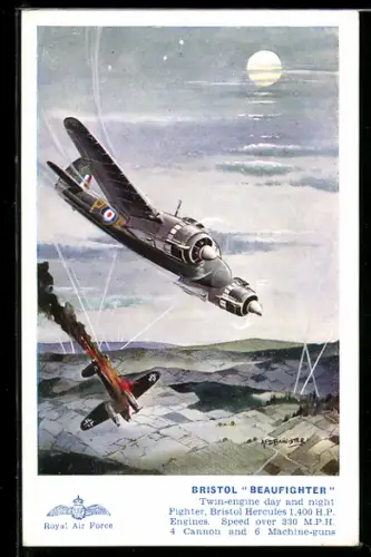 Künstler-AK Bristol Beaufighter Mk. I F, Nachtkampfflugzeug der RAF