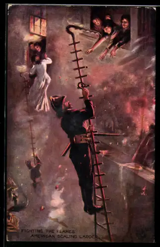 Künstler-AK Fighting the flames, American scaling ladder, Feuerwehr