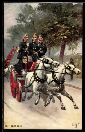 AK Hi! Hi! Hi! Feuerwehrmänner auf einem Pferdewagen