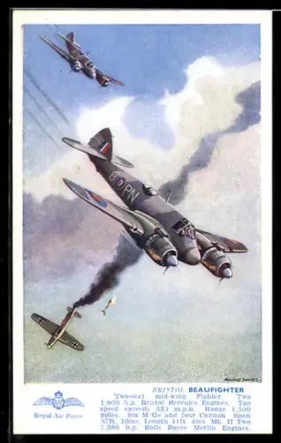 Künstler-AK Flugzeug Bristol Beaufighter & abgeschossenes deutsches Flugzeug