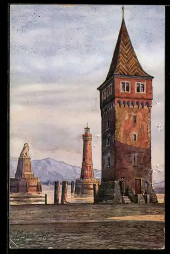 Künstler-AK Vinzenz Marschall: Lindau am Bodensee, Mangenturm und Hafen-Einfahrt