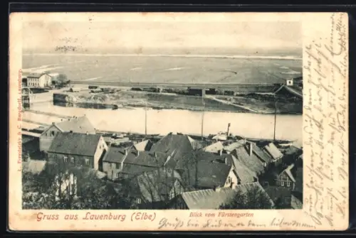 AK Lauenburg /Elbe, Blick vom Fürstengarten, Elbe, Häuser, Flusslandschaft