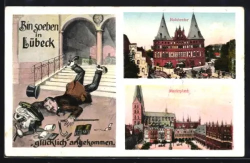 AK Lübeck, Holstentor, Marktplatz, humoristische Ankunftsszene