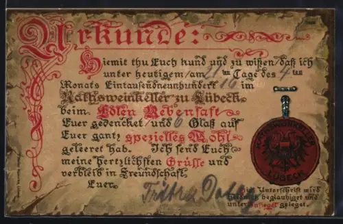 AK Lübeck, Urkunde Volksweinkeller