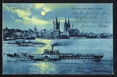 AK Köln, Panorama vom Rhein gesehen, Kölner Dom, Dampfschiffe