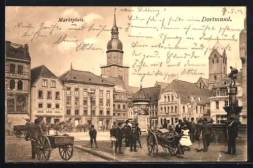 AK Dortmund, Marktplatz, Kirche, Brunnen