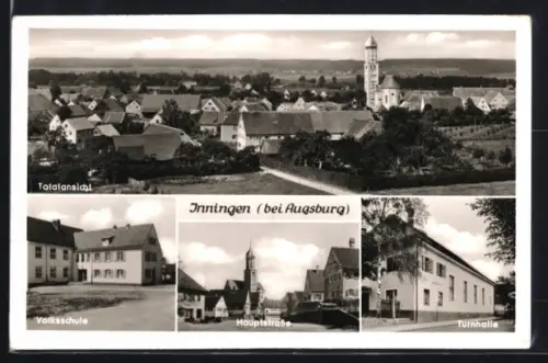 AK Inningen bei Augsburg, Totalansicht, Volksschule, Hauptstrasse, Turnhalle