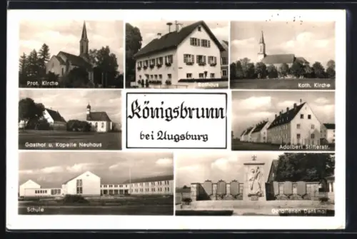 AK Königsbrunn bei Augsburg, Prot. Kirche, Rathaus, Gefallenen-Denkmal, Adalbert-Stifterstr., Schule