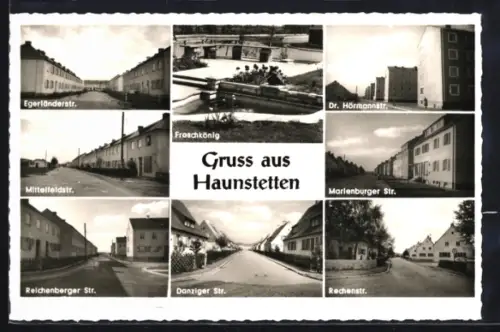 AK Haunstetten, Egerländerstr., Froschkönig, Dr. Hörmannstr., Marienburger Str., Danziger Str., Reichenberger Str