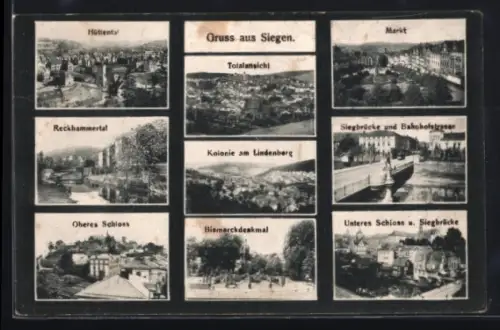 AK Siegen, Markt, Oberes Schloss, Siegbücke und Bahnhofsstrasse